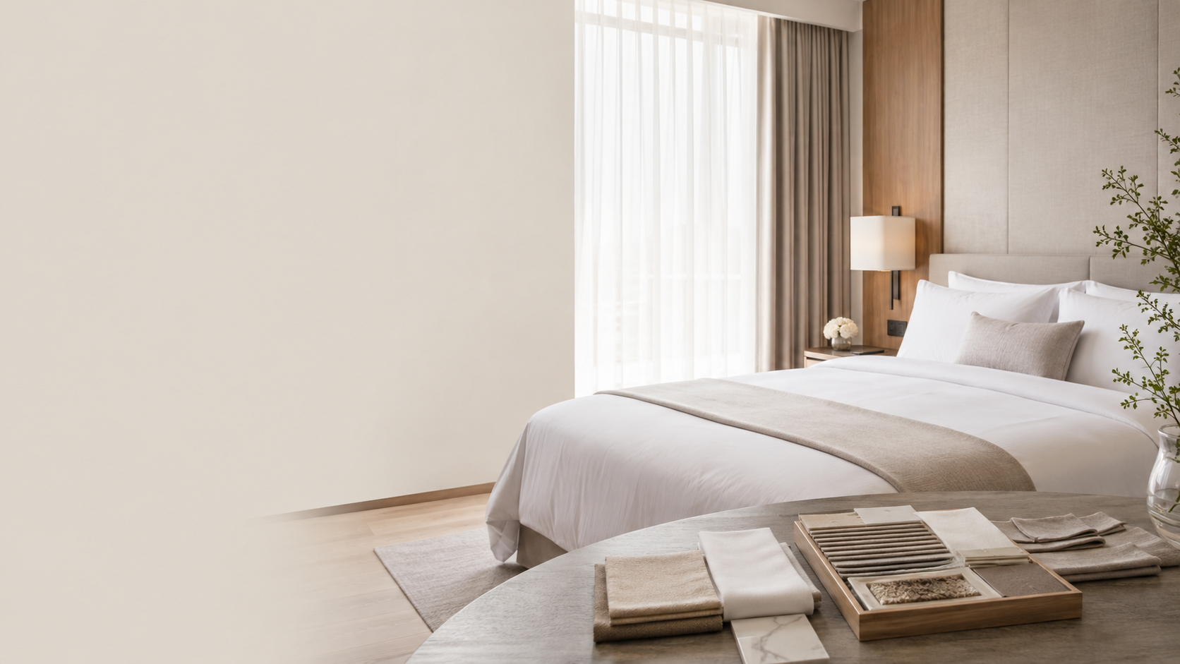Premium hotel guest room with coordinated hospitality textiles and material samples