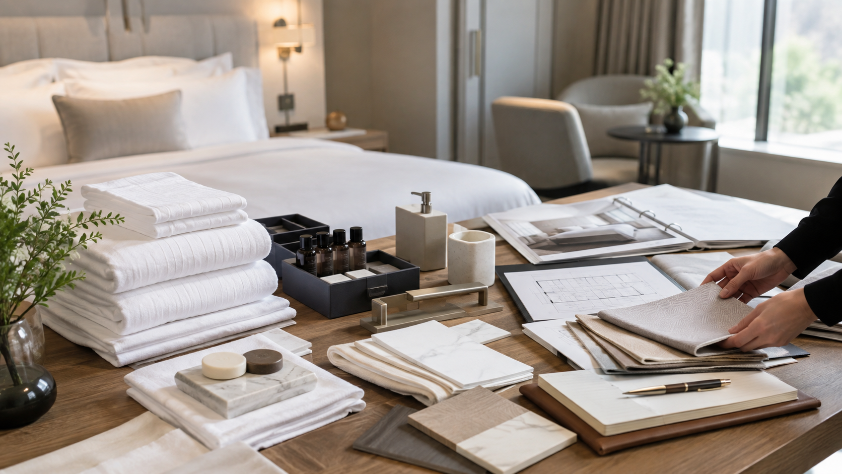 Hospitality sourcing table with towels, amenities, material samples and hotel plans