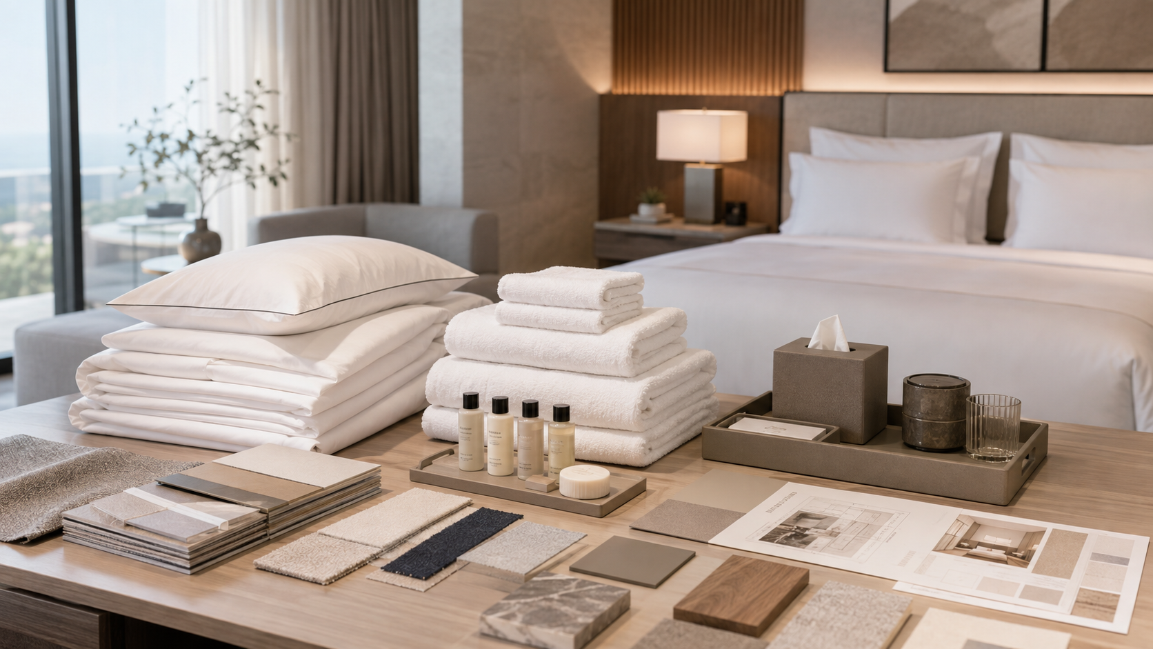 Hospitality project table with bedding, towels, amenities, room plans and material samples